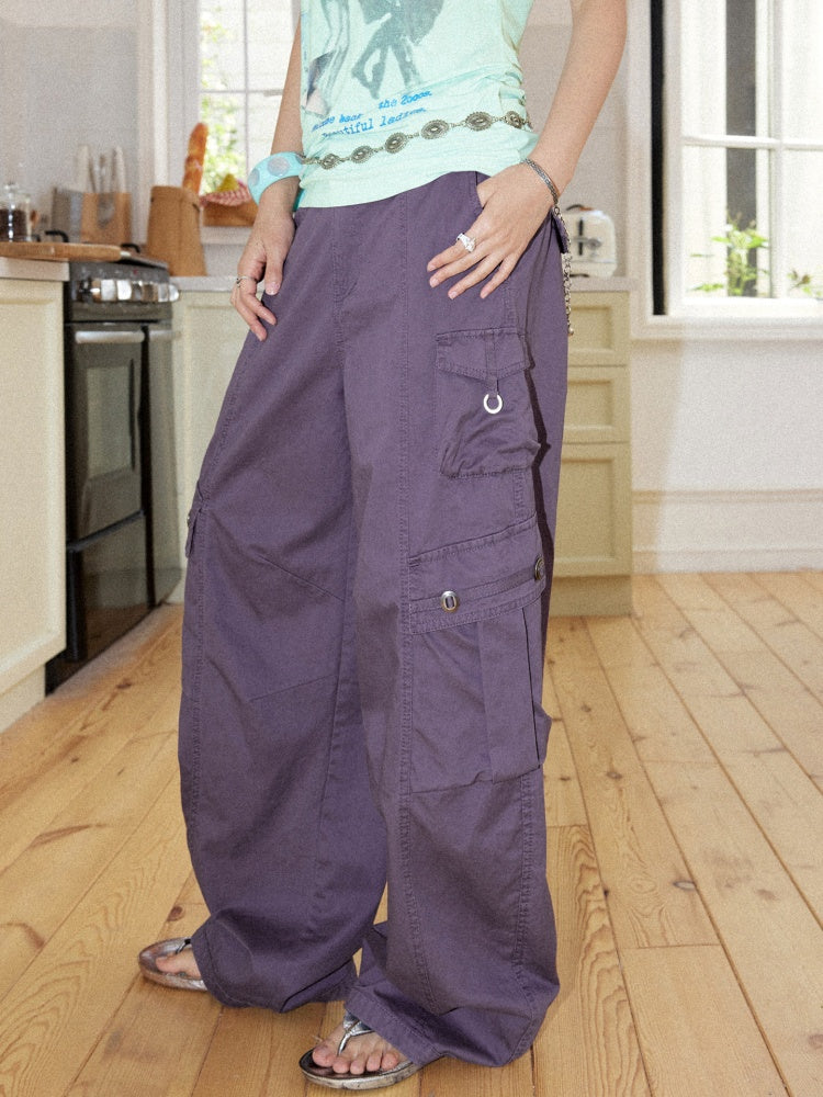 Washed Cotton Metal Buckle Pockets Workwear Barrel Leg Pants【s0000017212】