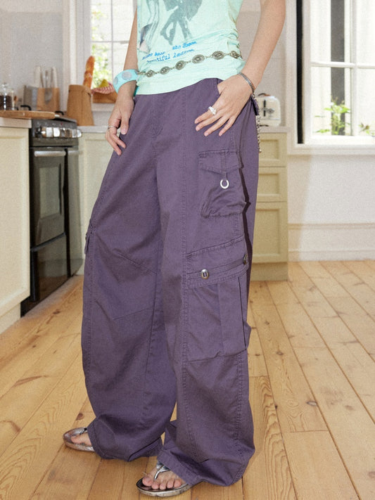 Washed Cotton Metal Buckle Pockets Workwear Barrel Leg Pants【s0000017212】