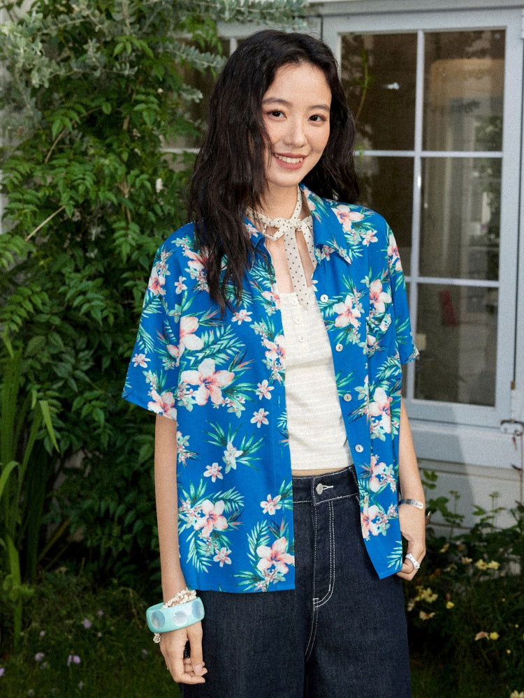 Tropical Floral Print Loose Short Sleeve Shirt【s0000017213】