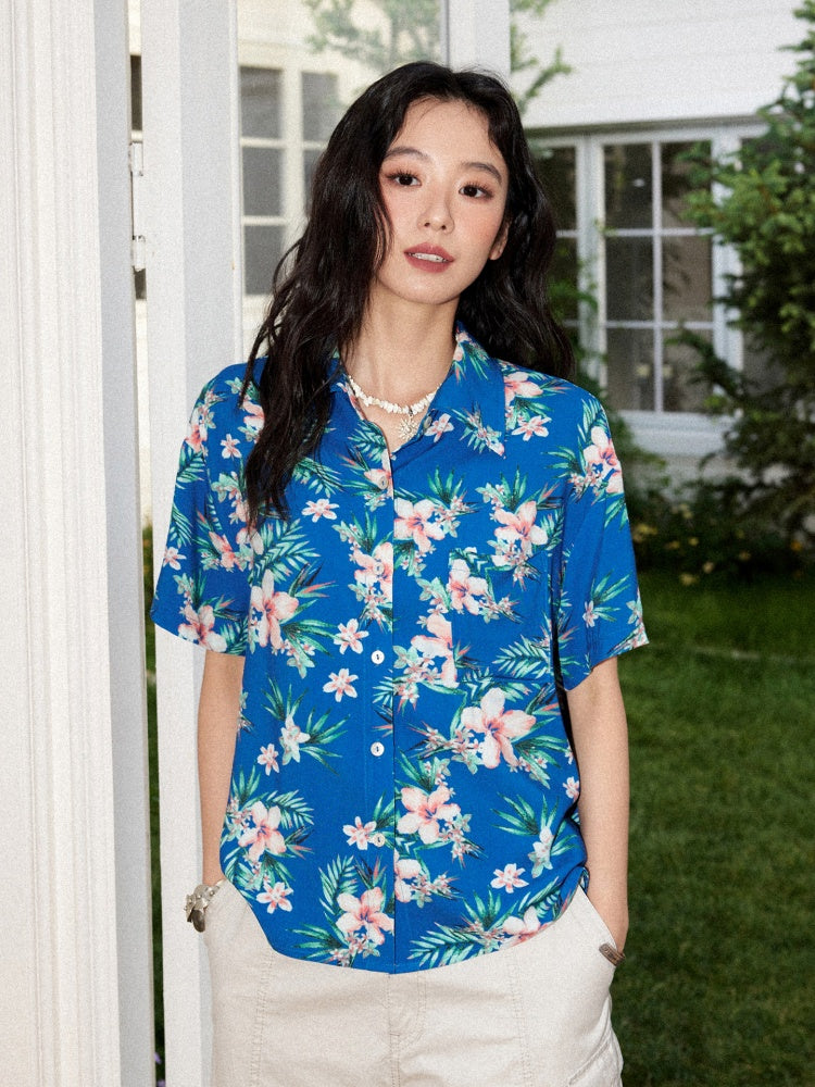 Tropical Floral Print Loose Short Sleeve Shirt【s0000017213】