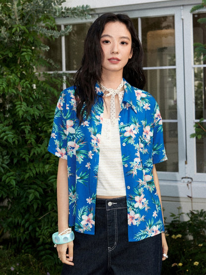 Tropical Floral Print Loose Short Sleeve Shirt【s0000017213】