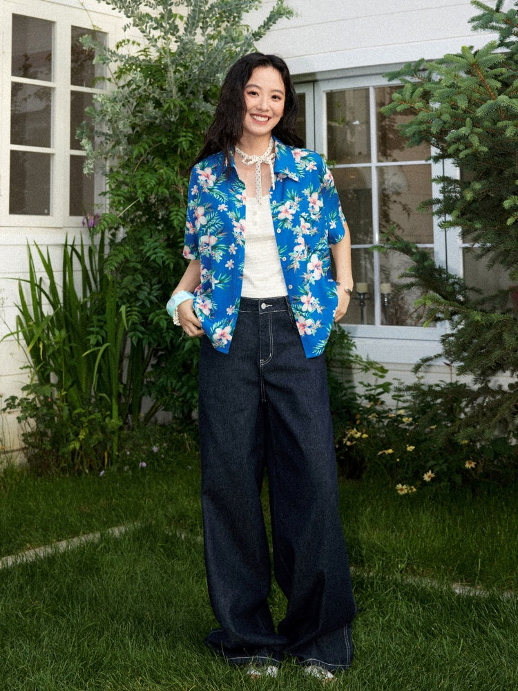 Tropical Floral Print Loose Short Sleeve Shirt【s0000017213】