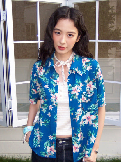 Tropical Floral Print Loose Short Sleeve Shirt【s0000017213】
