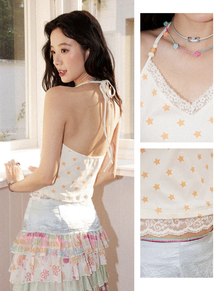 Lace Star Print Halter Neck Camisole【s0000017215】
