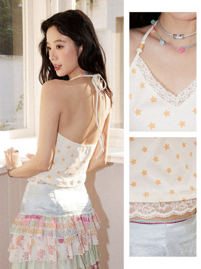 Lace Star Print Halter Neck Camisole【s0000017215】