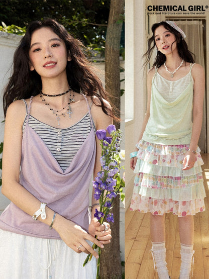 Layered Braided Strap Henley Striped Camisole【s0000017216】