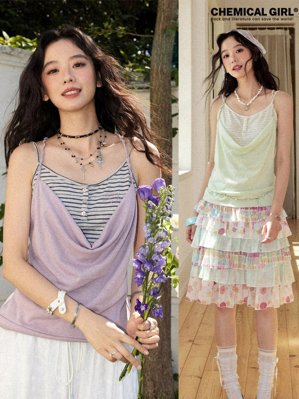 Layered Braided Strap Henley Striped Camisole【s0000017216】