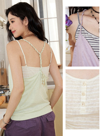 Layered Braided Strap Henley Striped Camisole【s0000017216】