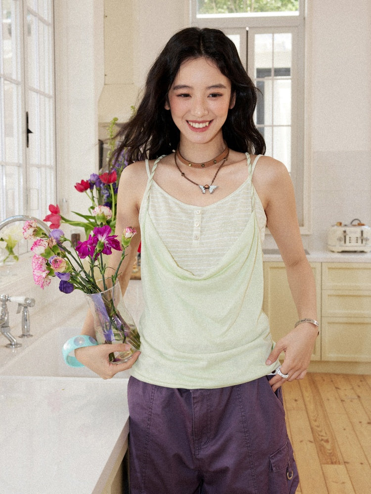 Layered Braided Strap Henley Striped Camisole【s0000017216】