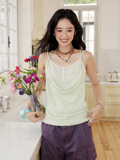 Layered Braided Strap Henley Striped Camisole【s0000017216】