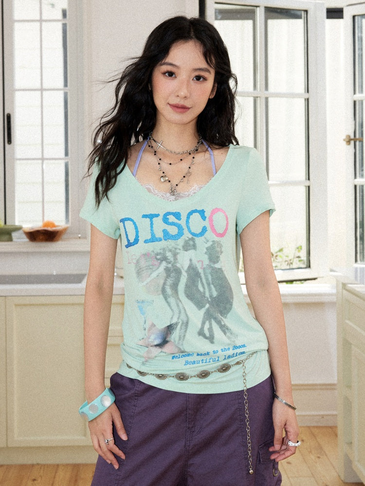 I LOVE DISCO Retro Style Lace Panel V-Neck Printed Short Sleeve T-Shirt【s0000017217】