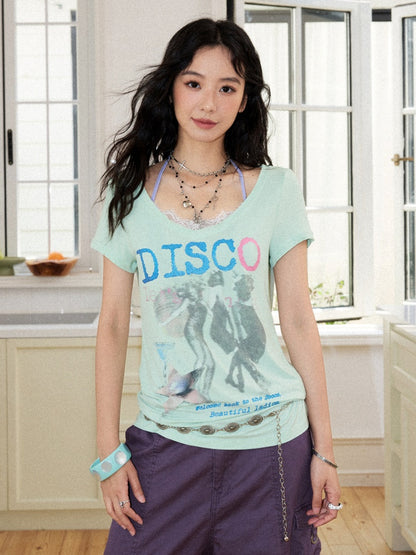 I LOVE DISCO Retro Style Lace Panel V-Neck Printed Short Sleeve T-Shirt【s0000017217】