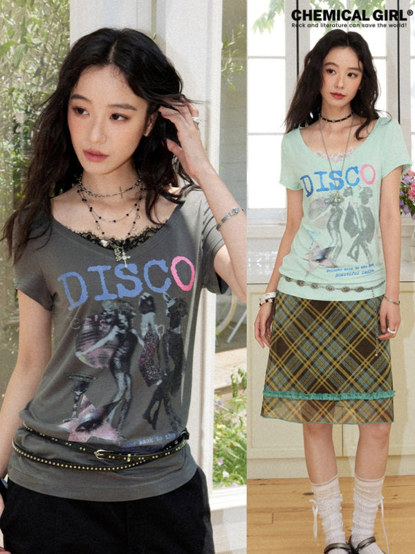 I LOVE DISCO Retro Style Lace Panel V-Neck Printed Short Sleeve T-Shirt【s0000017217】