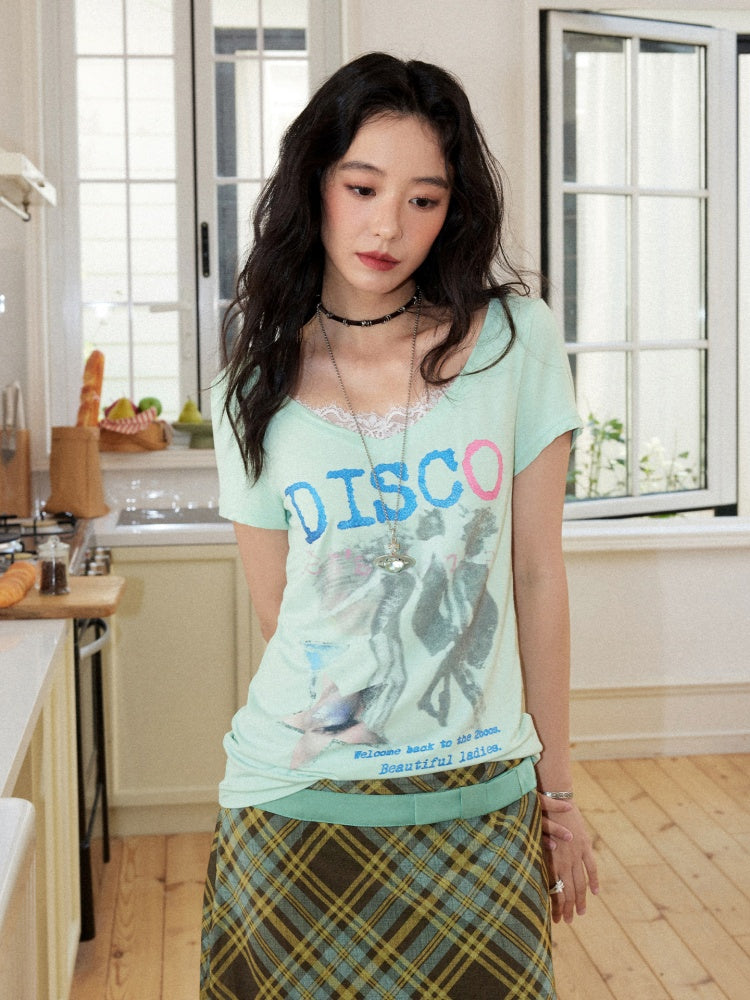 I LOVE DISCO Retro Style Lace Panel V-Neck Printed Short Sleeve T-Shirt【s0000017217】