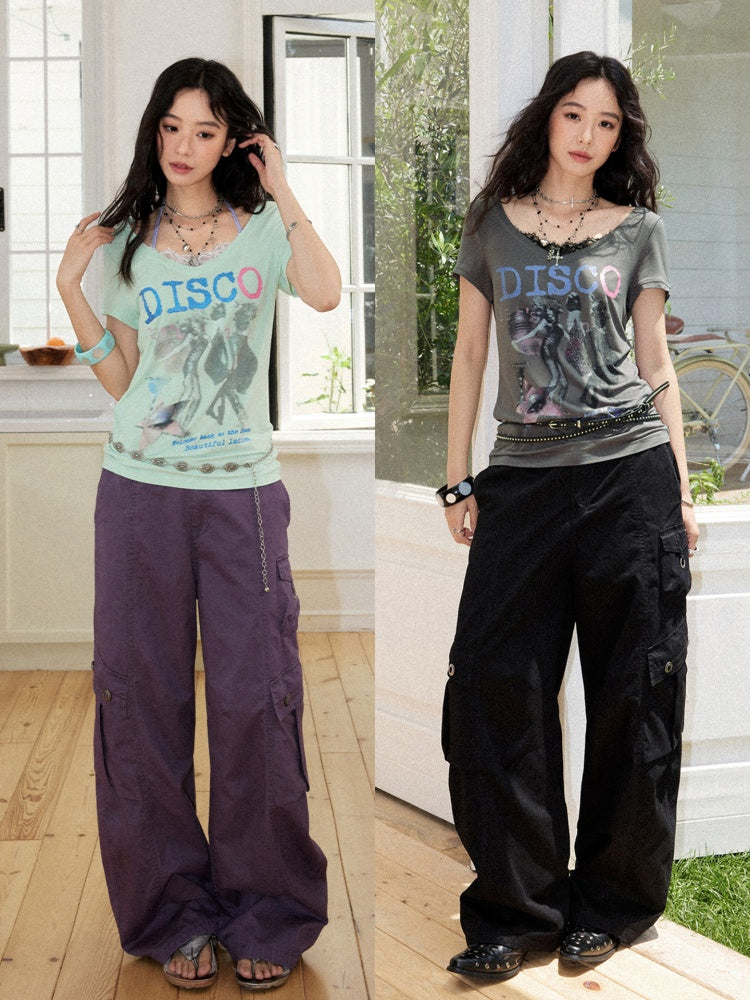 I LOVE DISCO Retro Style Lace Panel V-Neck Printed Short Sleeve T-Shirt【s0000017217】