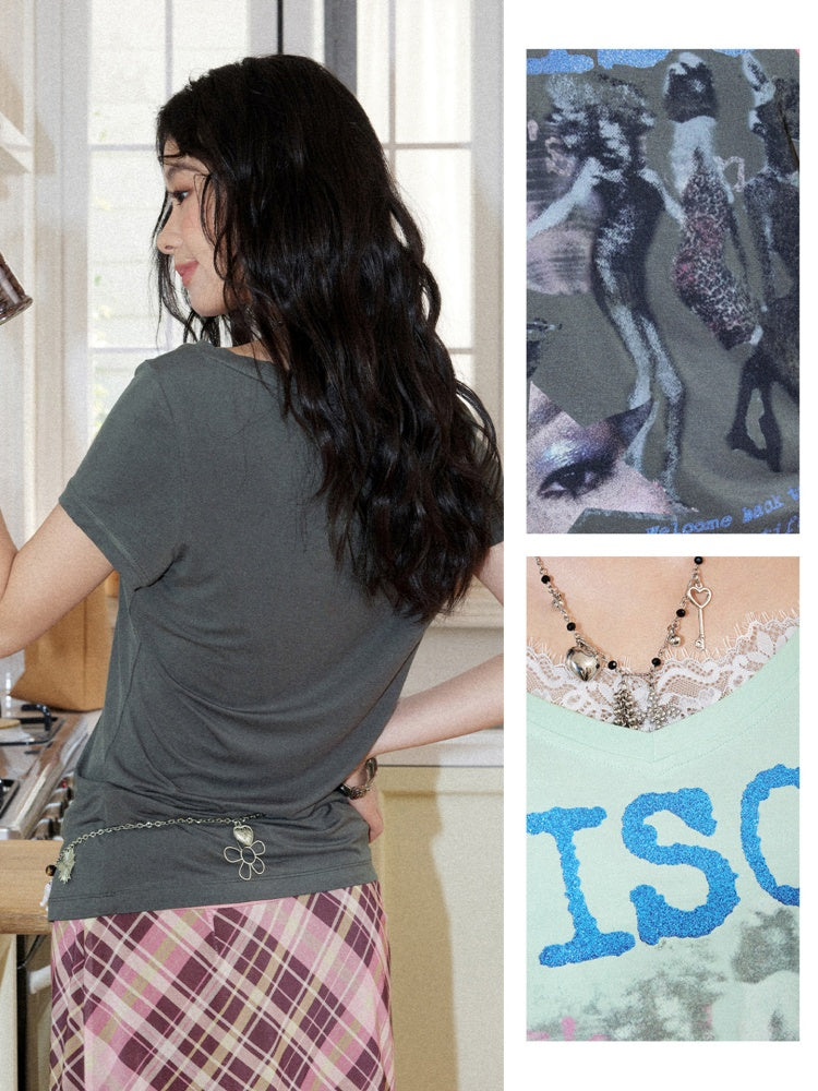 I LOVE DISCO Retro Style Lace Panel V-Neck Printed Short Sleeve T-Shirt【s0000017217】