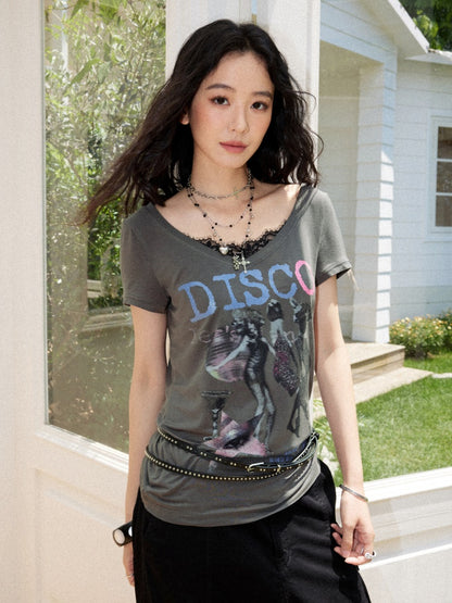 I LOVE DISCO Retro Style Lace Panel V-Neck Printed Short Sleeve T-Shirt【s0000017217】