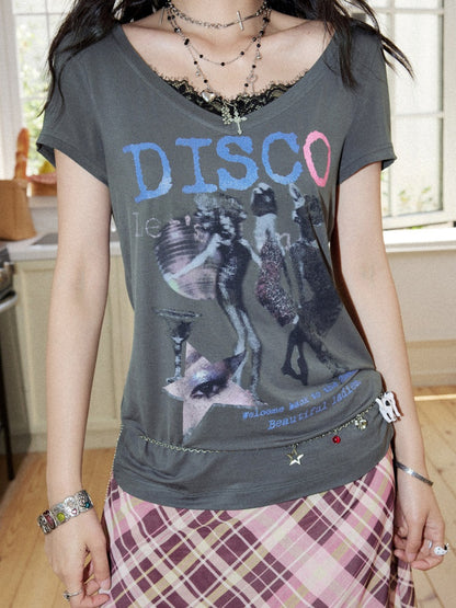 I LOVE DISCO Retro Style Lace Panel V-Neck Printed Short Sleeve T-Shirt【s0000017217】