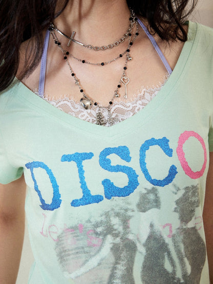 I LOVE DISCO Retro Style Lace Panel V-Neck Printed Short Sleeve T-Shirt【s0000017217】
