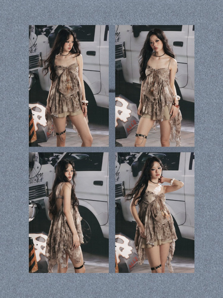 Irregular Print Waist-Cinching Slip Dress【s0000017318】