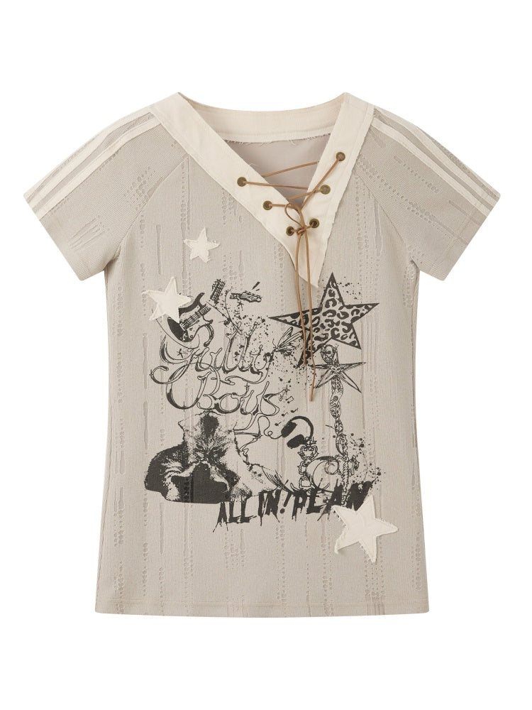 V-Neck Drawstring Letter Print Short-Sleeve T-Shirt【s0000017319】