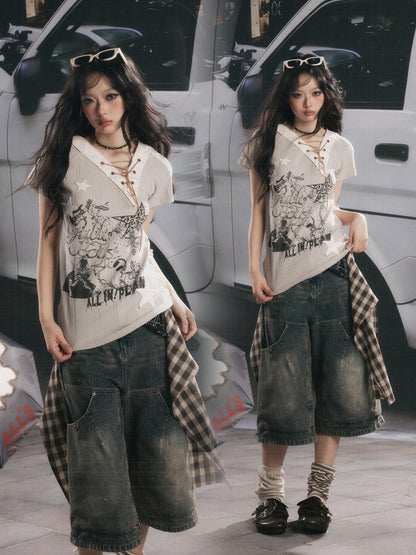 V-Neck Drawstring Letter Print Short-Sleeve T-Shirt【s0000017319】