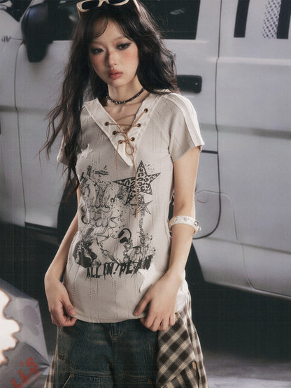 V-Neck Drawstring Letter Print Short-Sleeve T-Shirt【s0000017319】