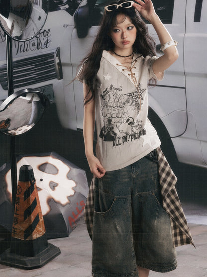 V-Neck Drawstring Letter Print Short-Sleeve T-Shirt【s0000017319】