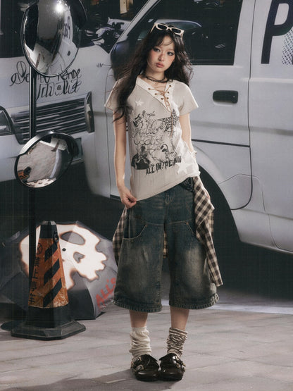 V-Neck Drawstring Letter Print Short-Sleeve T-Shirt【s0000017319】