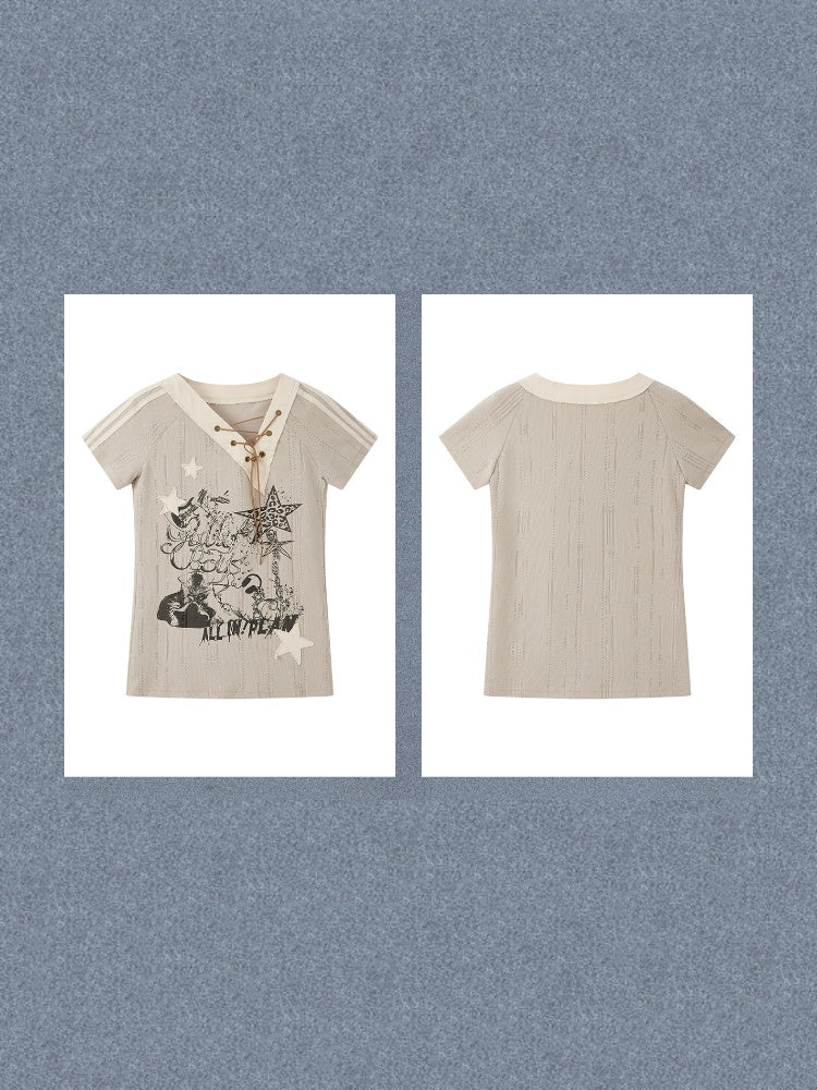 V-Neck Drawstring Letter Print Short-Sleeve T-Shirt【s0000017319】