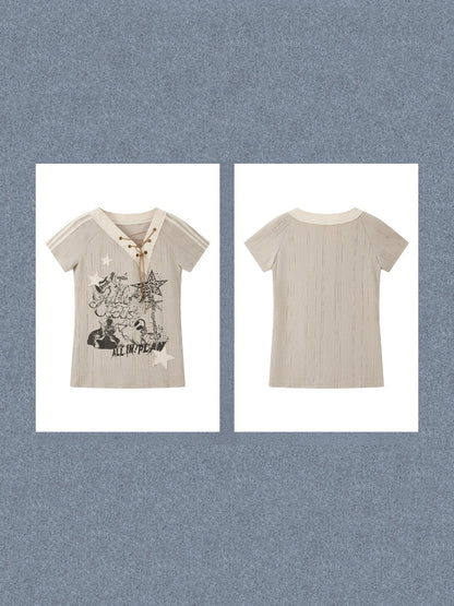 V-Neck Drawstring Letter Print Short-Sleeve T-Shirt【s0000017319】