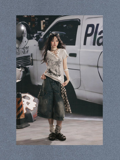 V-Neck Drawstring Letter Print Short-Sleeve T-Shirt【s0000017319】