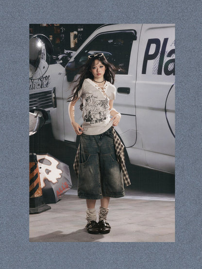 V-Neck Drawstring Letter Print Short-Sleeve T-Shirt【s0000017319】