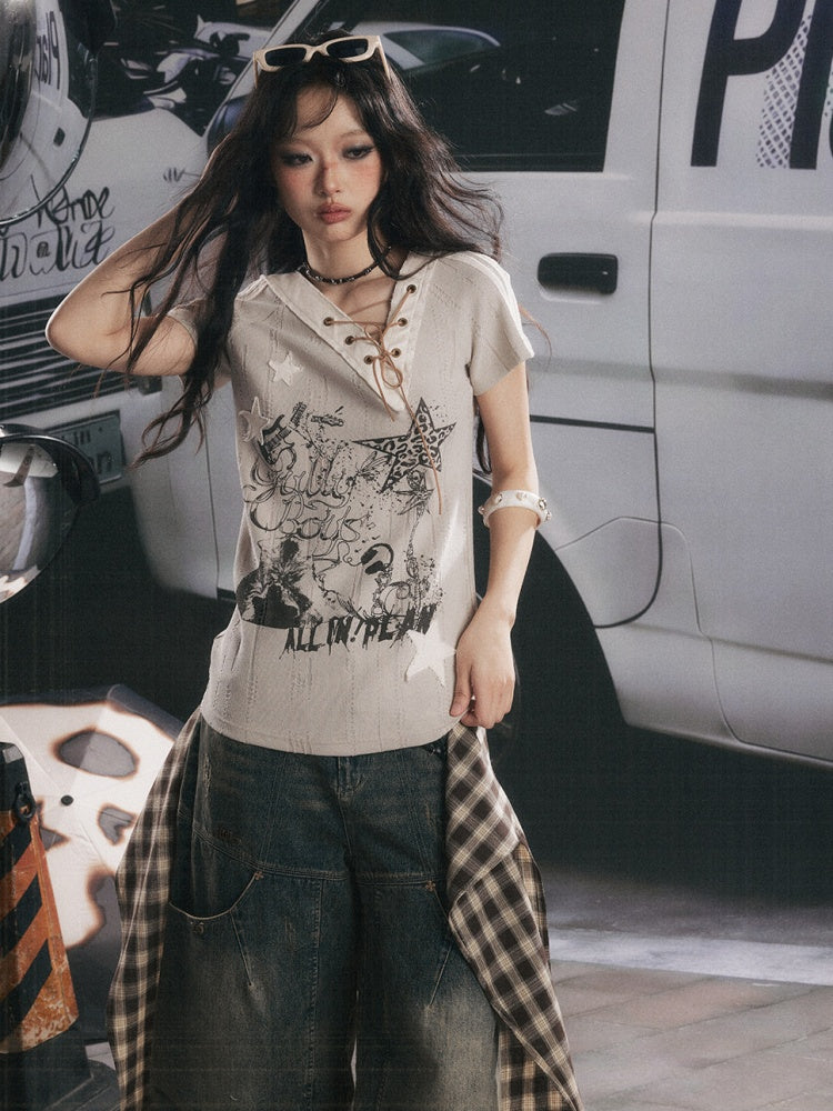 V-Neck Drawstring Letter Print Short-Sleeve T-Shirt【s0000017319】