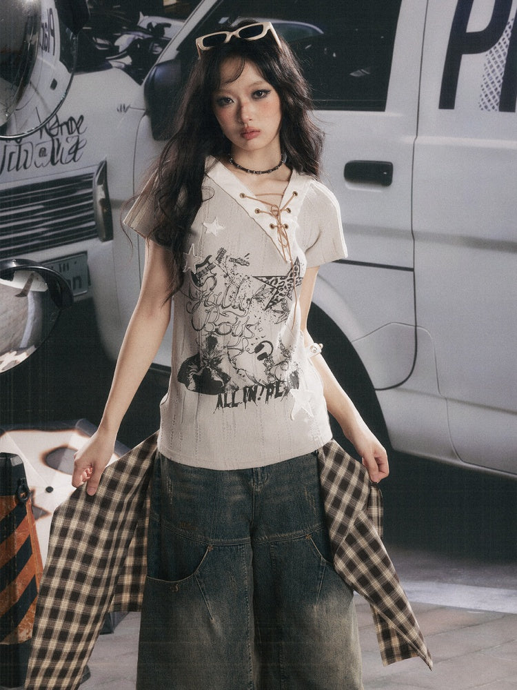 V-Neck Drawstring Letter Print Short-Sleeve T-Shirt【s0000017319】