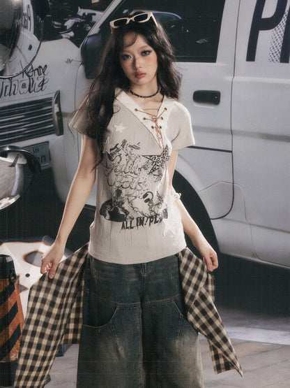 V-Neck Drawstring Letter Print Short-Sleeve T-Shirt【s0000017319】
