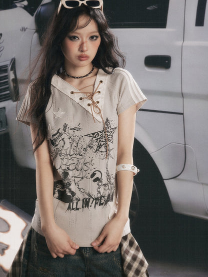 V-Neck Drawstring Letter Print Short-Sleeve T-Shirt【s0000017319】