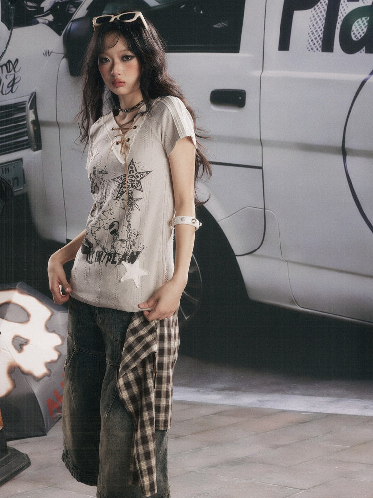 V-Neck Drawstring Letter Print Short-Sleeve T-Shirt【s0000017319】