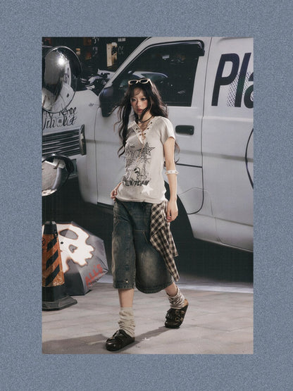 V-Neck Drawstring Letter Print Short-Sleeve T-Shirt【s0000017319】