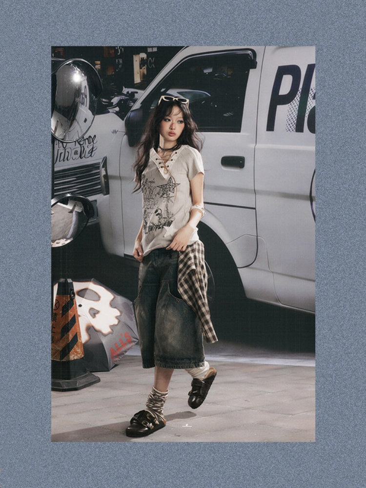 V-Neck Drawstring Letter Print Short-Sleeve T-Shirt【s0000017319】