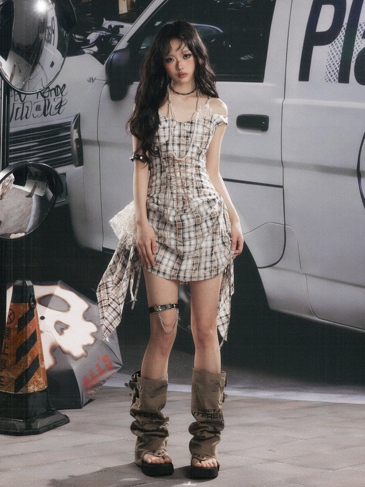 Plaid Lace Patchwork Ribbon Dress【s0000017320】