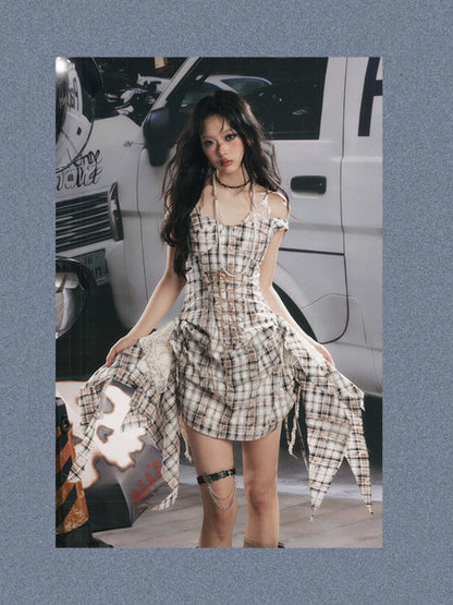 Plaid Lace Patchwork Ribbon Dress【s0000017320】