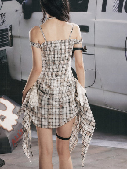 Plaid Lace Patchwork Ribbon Dress【s0000017320】