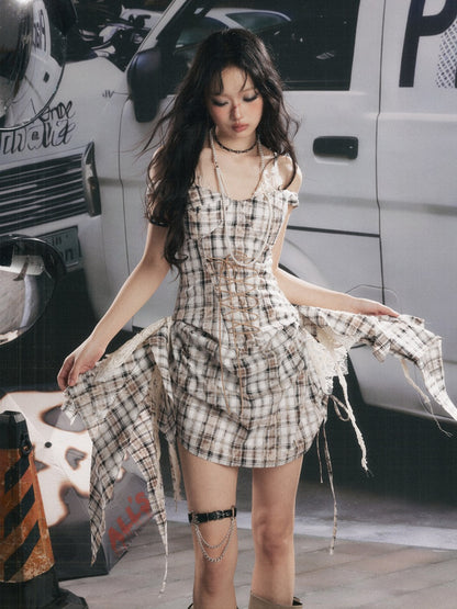 Plaid Lace Patchwork Ribbon Dress【s0000017320】