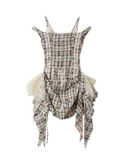 Plaid Lace Patchwork Ribbon Dress【s0000017320】
