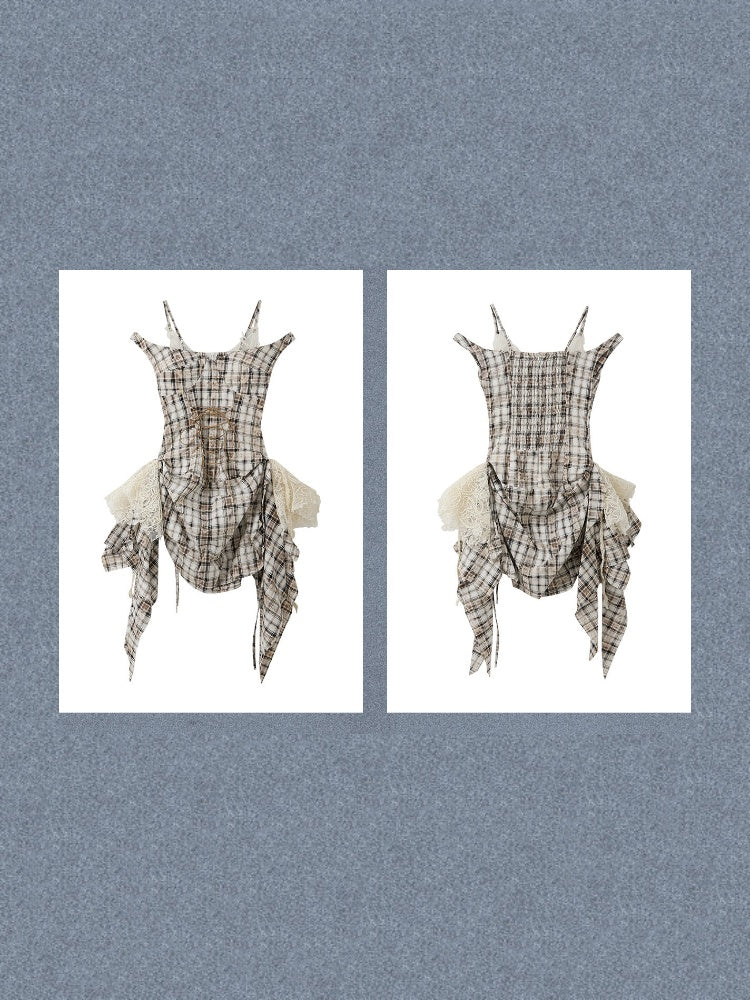 Plaid Lace Patchwork Ribbon Dress【s0000017320】