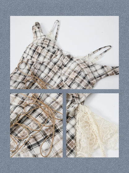 Plaid Lace Patchwork Ribbon Dress【s0000017320】