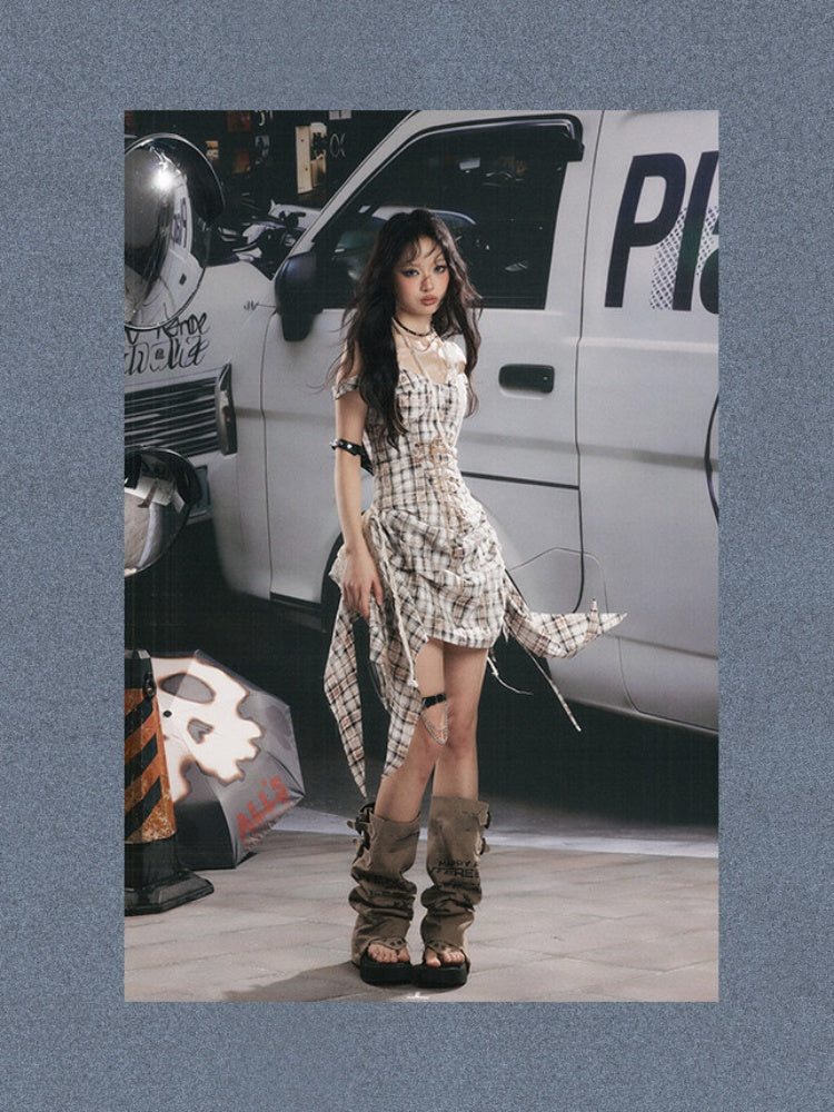 Plaid Lace Patchwork Ribbon Dress【s0000017320】