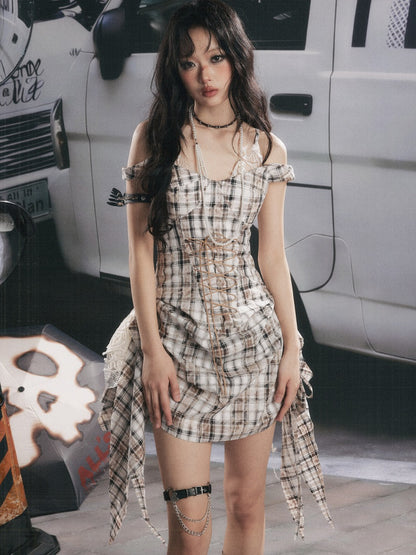Plaid Lace Patchwork Ribbon Dress【s0000017320】