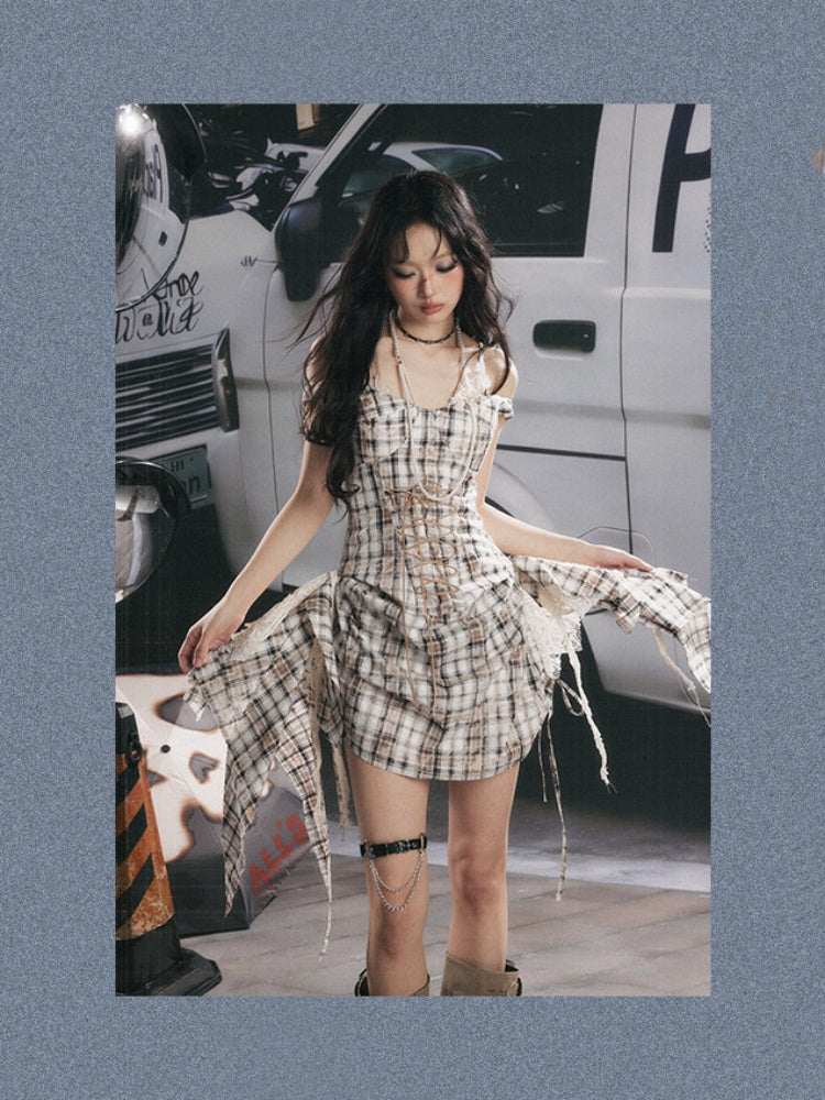Plaid Lace Patchwork Ribbon Dress【s0000017320】